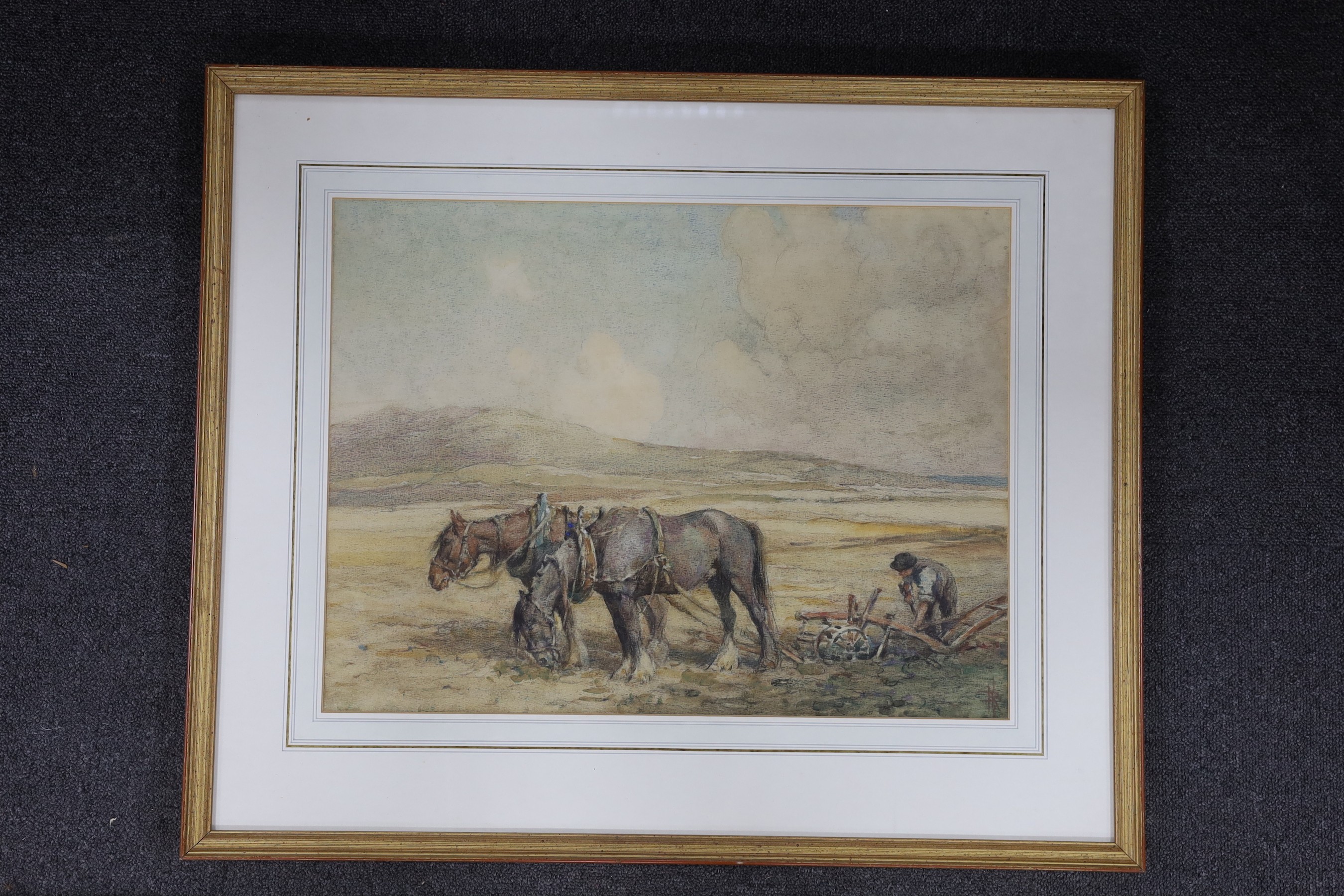 Nathaniel Hughes John Baird (1865-1936), watercolour, Ploughing scene, monogrammed, 41 x 54cm